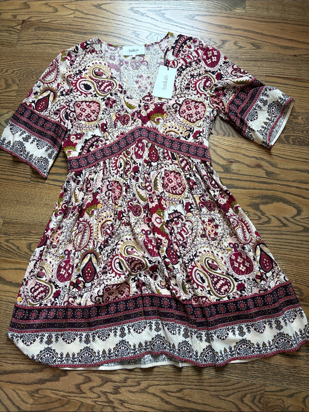 NWT ba&sh Zelda Robe Cream & Burgundy Paisley V-Neck Dress, M/2